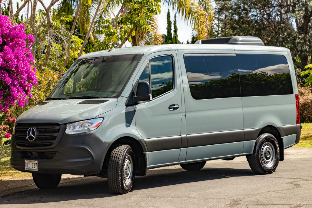 about hawaii airport shuttle gray mercedes vans